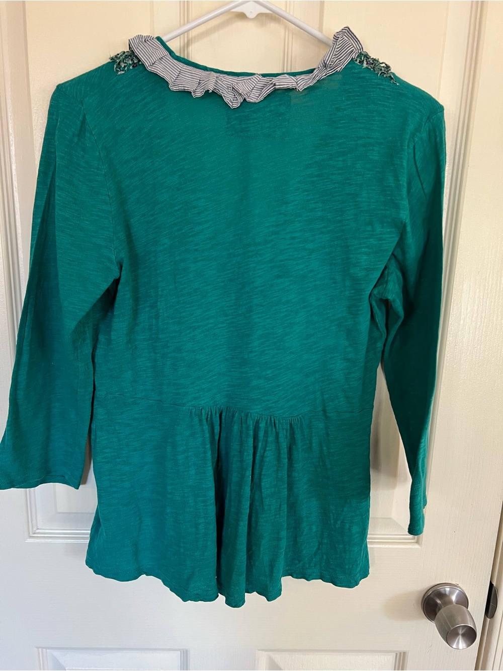 Deletta Anthropologie Teal Ruffle Trim Babydoll Top Quarter Sleeve Large - Picture 7 of 8